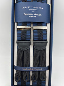 Albert Thurston for Cruciani & Bella Made in England Adjustable Sizing 40 mm Woven Barathea  Dark Blue and Black  braces Braid ends Y-Shaped Nickel Fittings Size: L