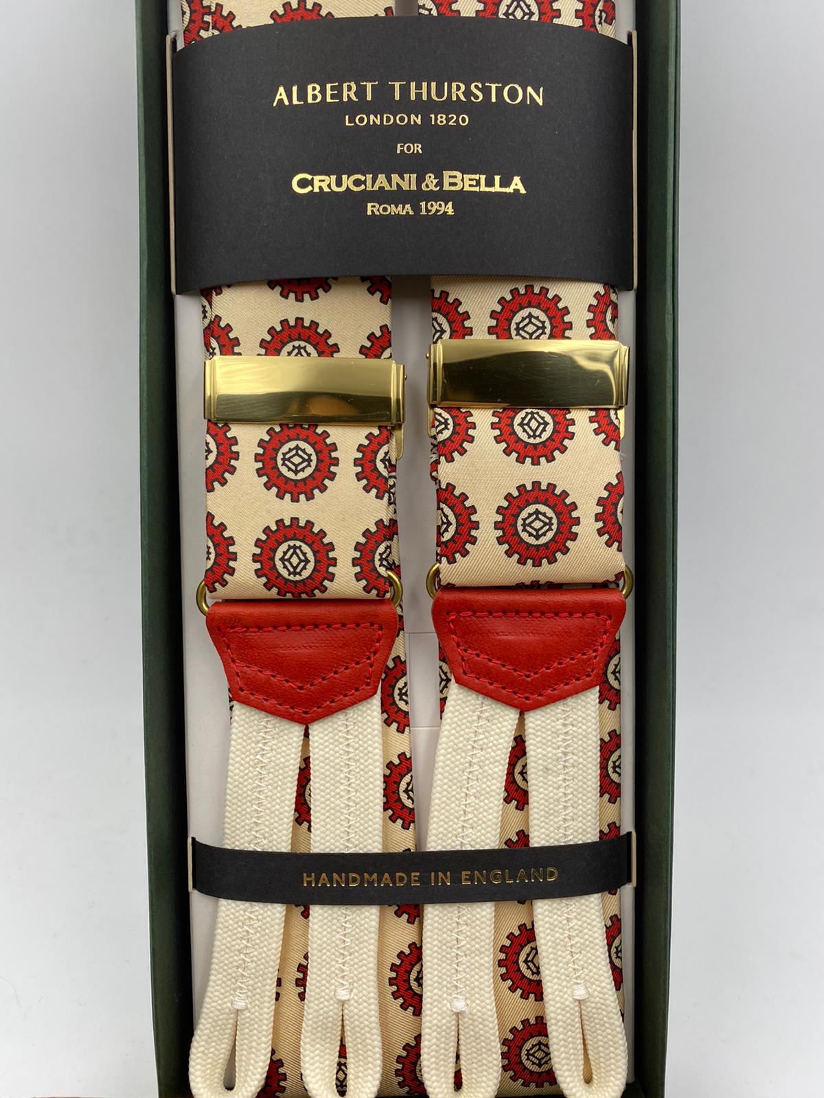 Albert Thurston for Cruciani & Bella Made in England Adjustable Sizing 40 mm braces Midnight blue, pink and light blue motif braces Braid ends Y-Shaped Nickel Fittings