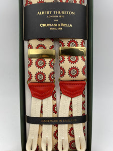 Albert Thurston for Cruciani & Bella Made in England Adjustable Sizing 40 mm braces Midnight blue, pink and light blue motif braces Braid ends Y-Shaped Nickel Fittings