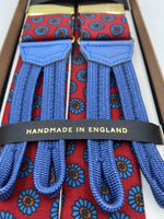 Albert Thurston for Cruciani & Bella Made in England Adjustable Sizing 40 mm braces Keyte Silk   Red and Light blue  Braid ends Y-Shaped Nickel Fitting 3701 XL