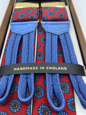 Albert Thurston for Cruciani & Bella Made in England Adjustable Sizing 40 mm braces Keyte Silk   Red and Light blue  Braid ends Y-Shaped Nickel Fitting 3701 XL