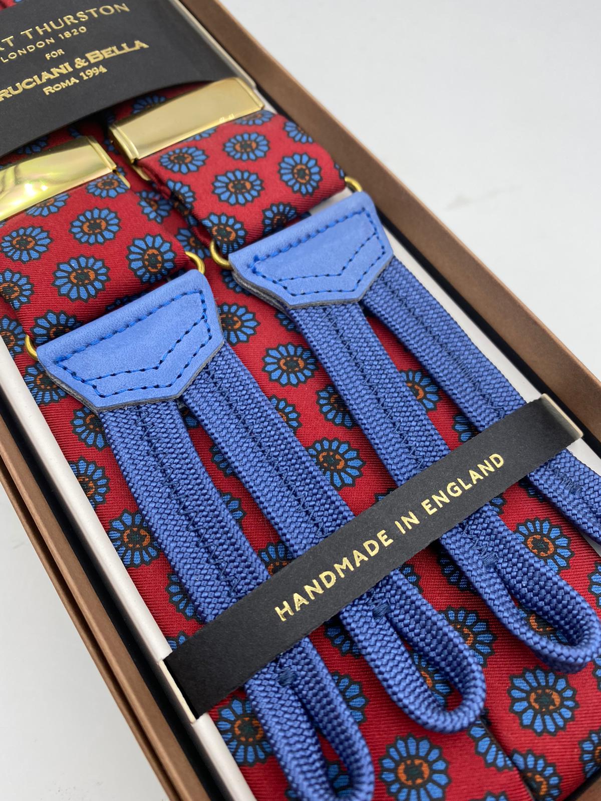 Albert Thurston for Cruciani & Bella Made in England Adjustable Sizing 40 mm braces Keyte Silk   Red and Light blue  Braid ends Y-Shaped Nickel Fitting 3701 XL
