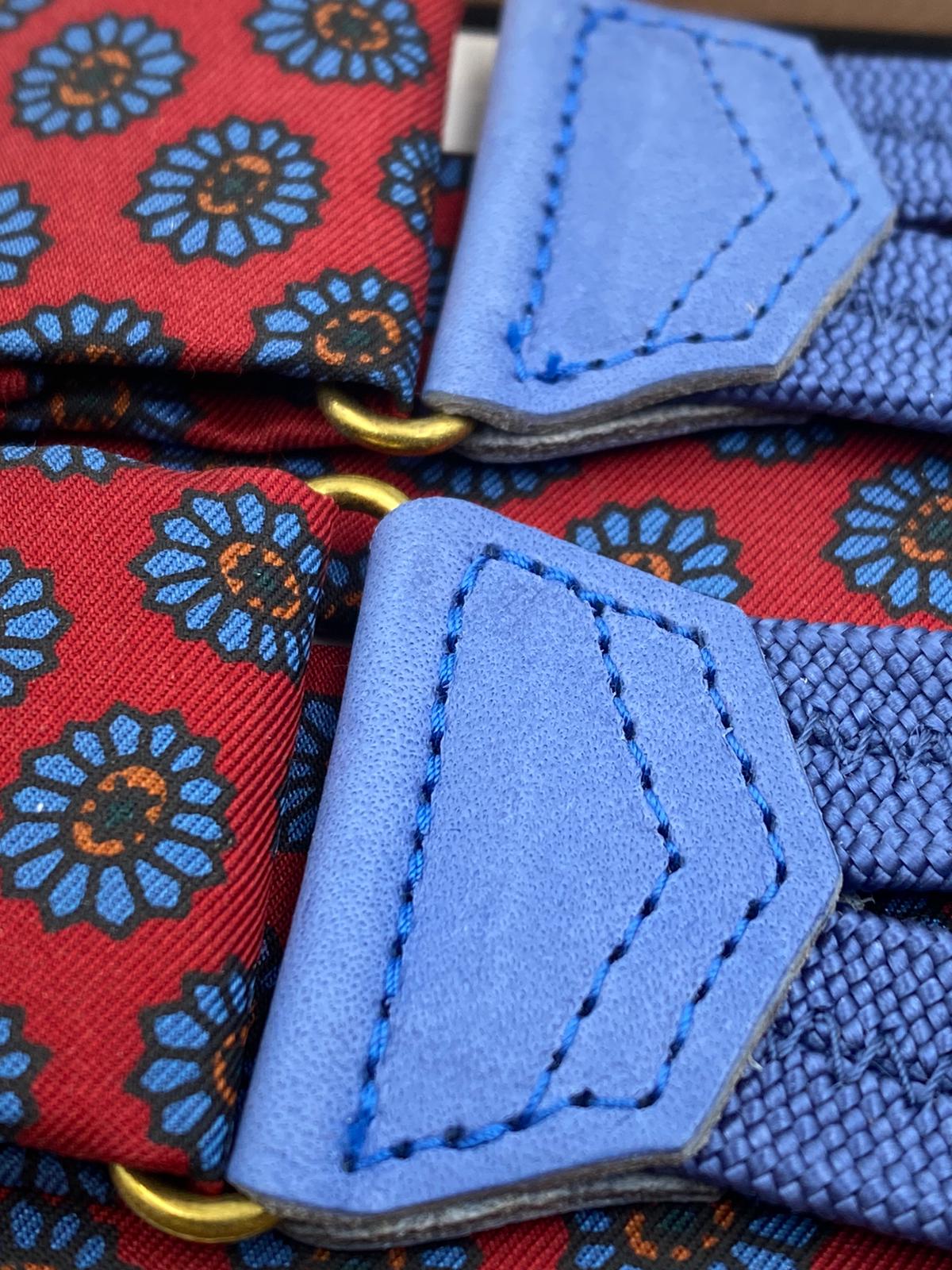 Albert Thurston for Cruciani & Bella Made in England Adjustable Sizing 40 mm braces Keyte Silk   Red and Light blue  Braid ends Y-Shaped Nickel Fitting 3701 XL