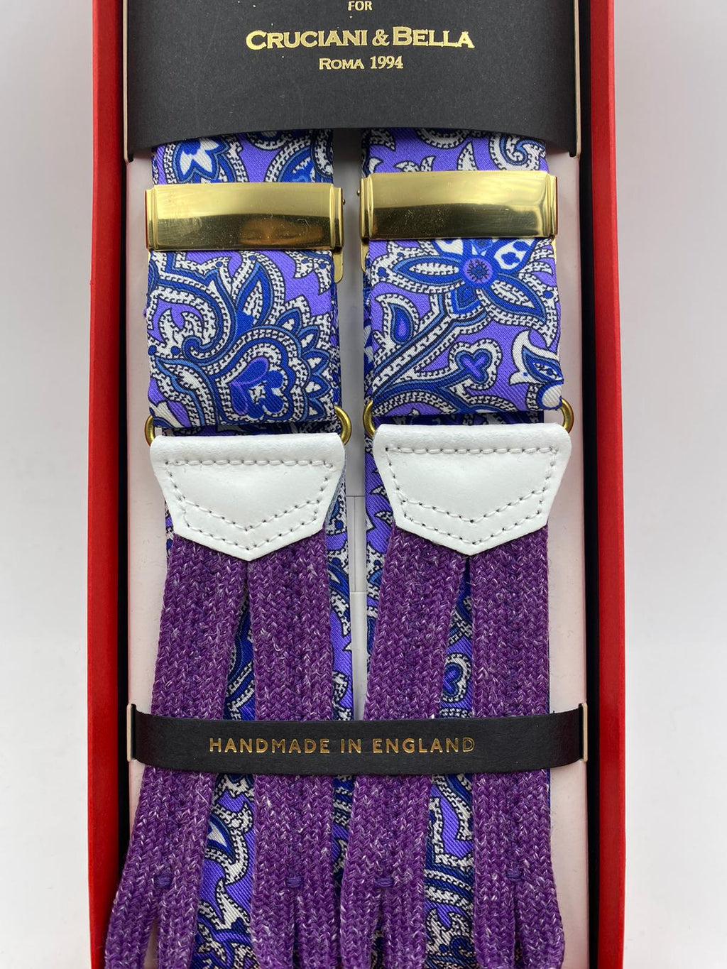 Albert Thurston for Cruciani & Bella Made in England Adjustable Sizing 40 mm braces Keyte Silk   Purple Blue and White Flower Motif Braid ends Y-Shaped Nickel Fitting 3704 XL