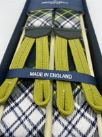 Albert Thurston for Cruciani & Bella Made in England Braid End Adjustable Sizing 40 mm wool braces Green and White Tartan Y-Shaped Nickel Fittings Size: L #0237
