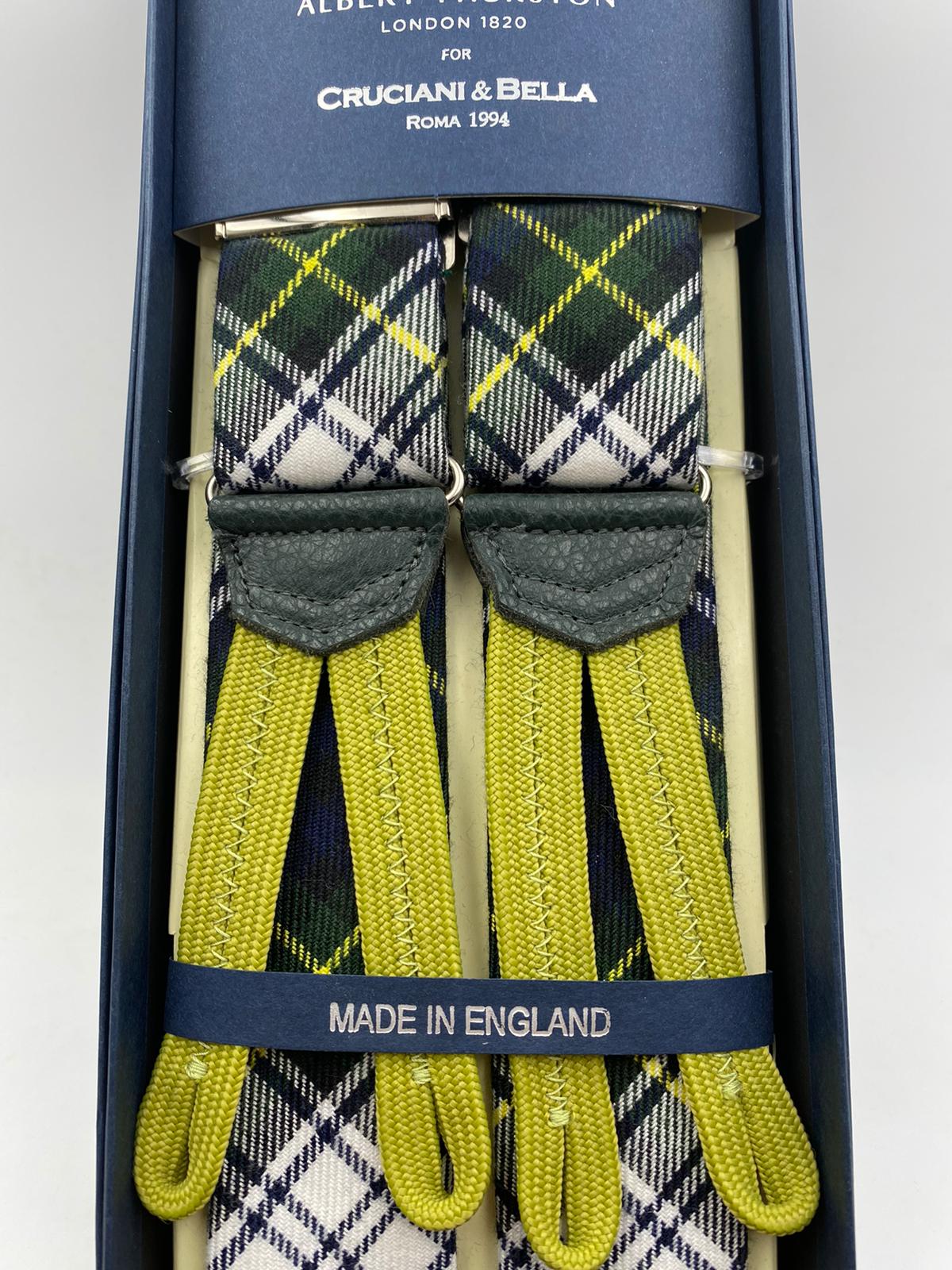 Albert Thurston for Cruciani & Bella Made in England Braid End Adjustable Sizing 40 mm wool braces Green and White Tartan Y-Shaped Nickel Fittings Size: L #0237