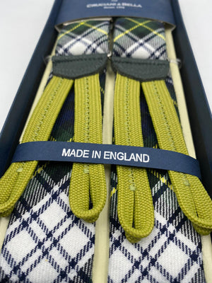 Albert Thurston for Cruciani & Bella Made in England Braid End Adjustable Sizing 40 mm wool braces Green and White Tartan Y-Shaped Nickel Fittings Size: L #0237