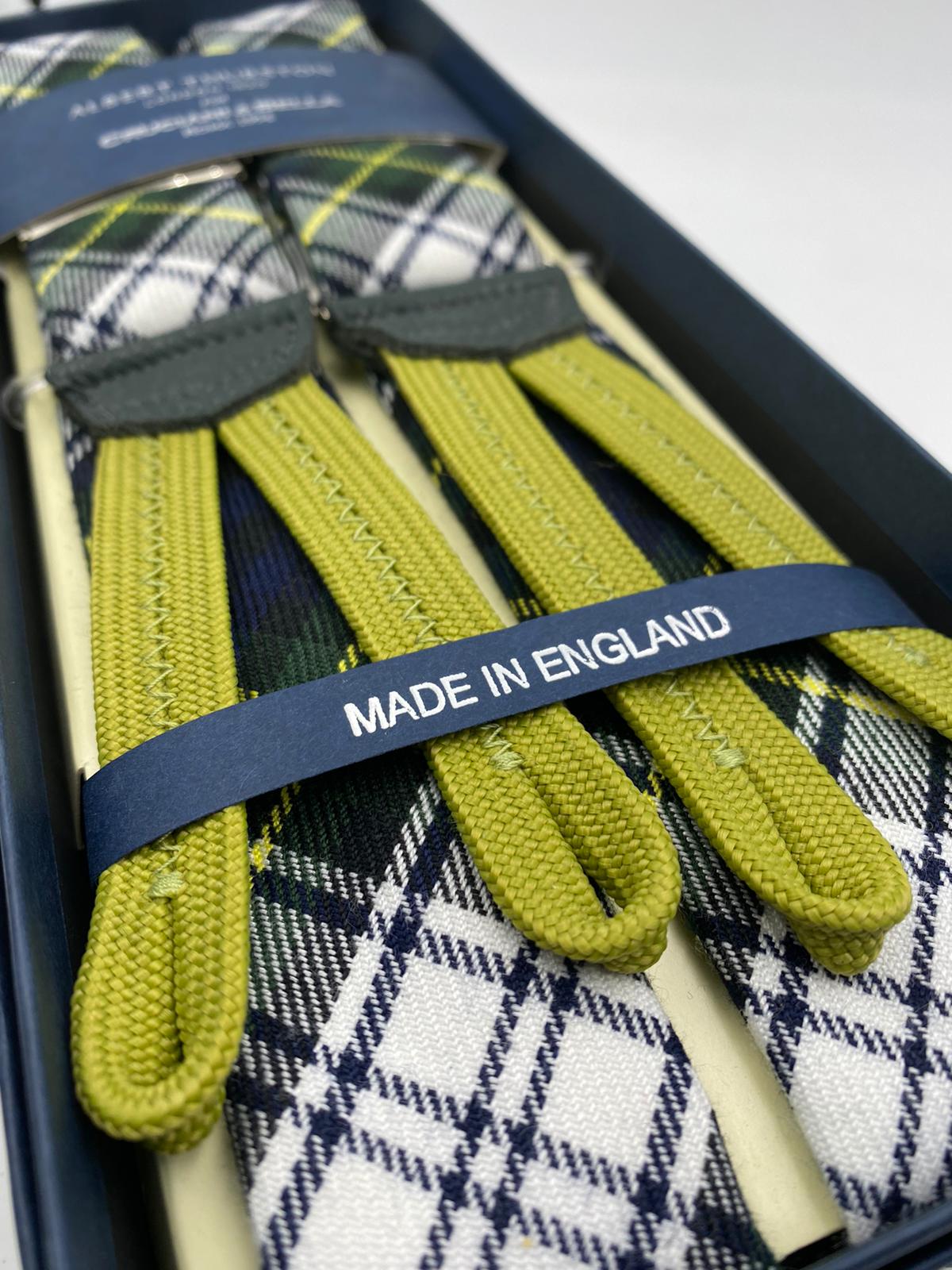 Albert Thurston for Cruciani & Bella Made in England Braid End Adjustable Sizing 40 mm wool braces Green and White Tartan Y-Shaped Nickel Fittings Size: L #0237