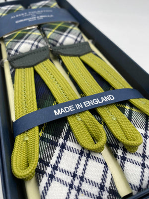 Albert Thurston for Cruciani & Bella Made in England Braid End Adjustable Sizing 40 mm wool braces Green and White Tartan Y-Shaped Nickel Fittings Size: L #0237