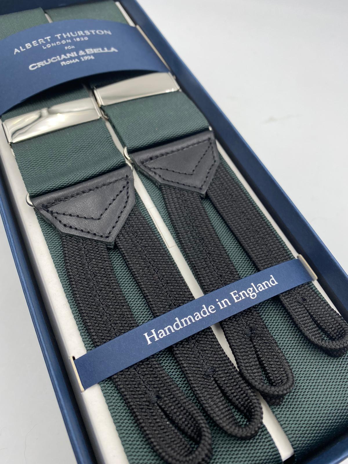 Albert Thurston for Cruciani & Bella Made in England Adjustable Sizing 40 mm Woven Barathea  Forest Green plain braces Braid ends Y-Shaped Nickel Fittings Size: XL #4982