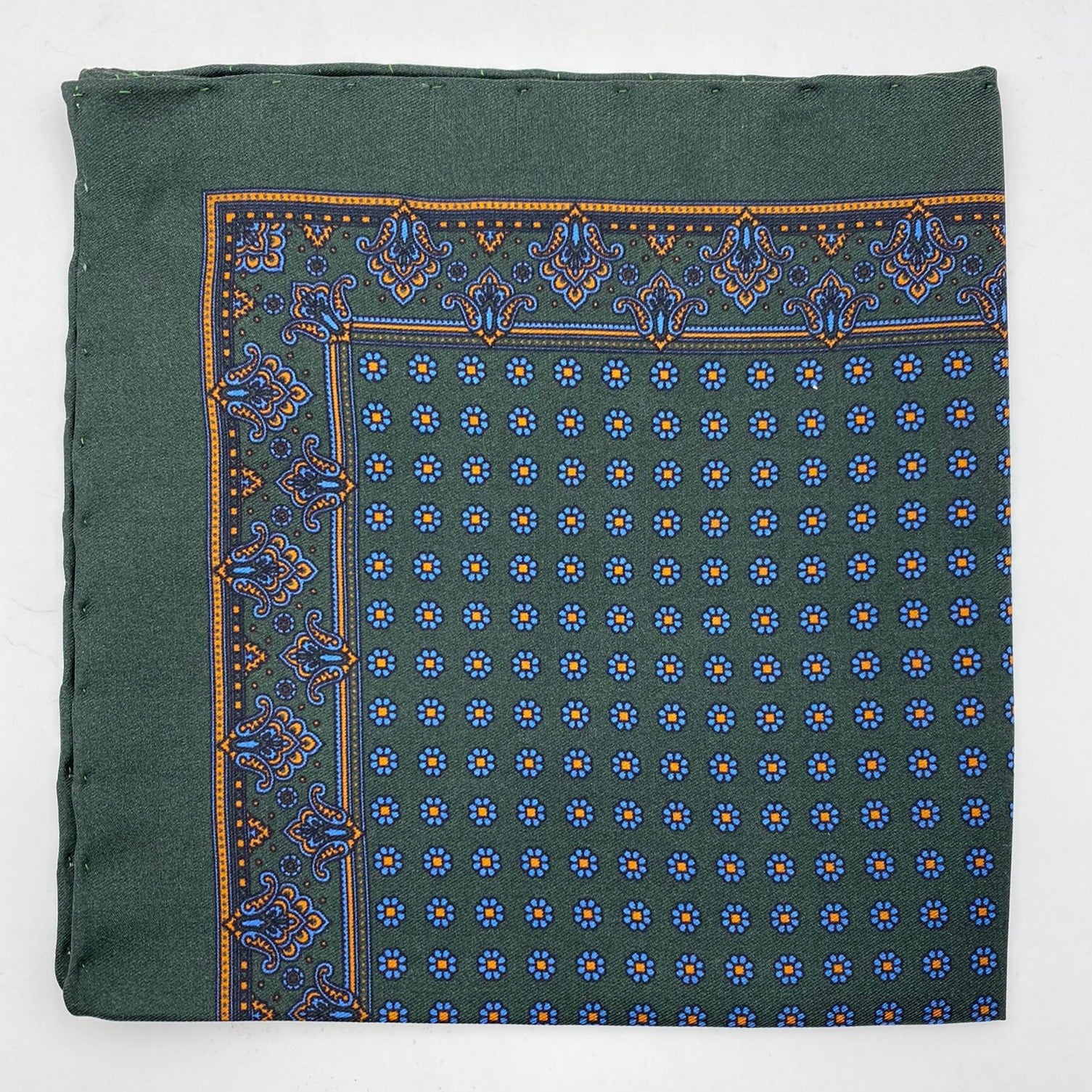 Cruciani & Bella 100% Printed Silk  Hand-rolled Green and Blue Floral Motif Pocket Square Handmade in England 32 cm  X 32 cm #4544