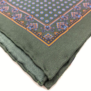 Cruciani & Bella 100% Printed Silk  Hand-rolled Green and Blue Floral Motif Pocket Square Handmade in England 32 cm  X 32 cm #4544