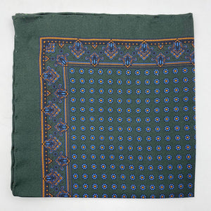 Cruciani & Bella 100% Printed Silk  Hand-rolled Green and Blue Floral Motif Pocket Square Handmade in England 32 cm  X 32 cm #4544