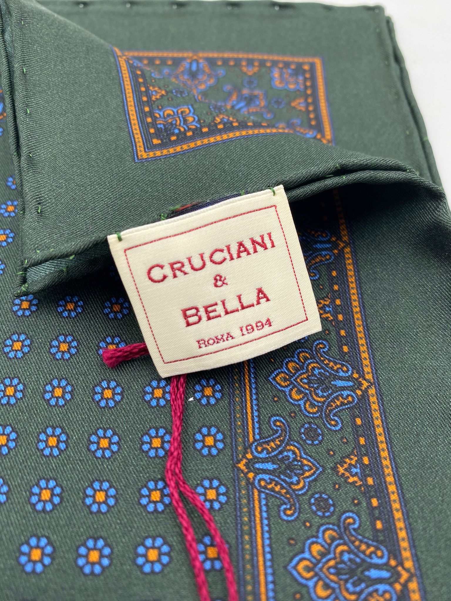 Cruciani & Bella 100% Printed Silk  Hand-rolled Green and Blue Floral Motif Pocket Square Handmade in England 32 cm  X 32 cm #4544