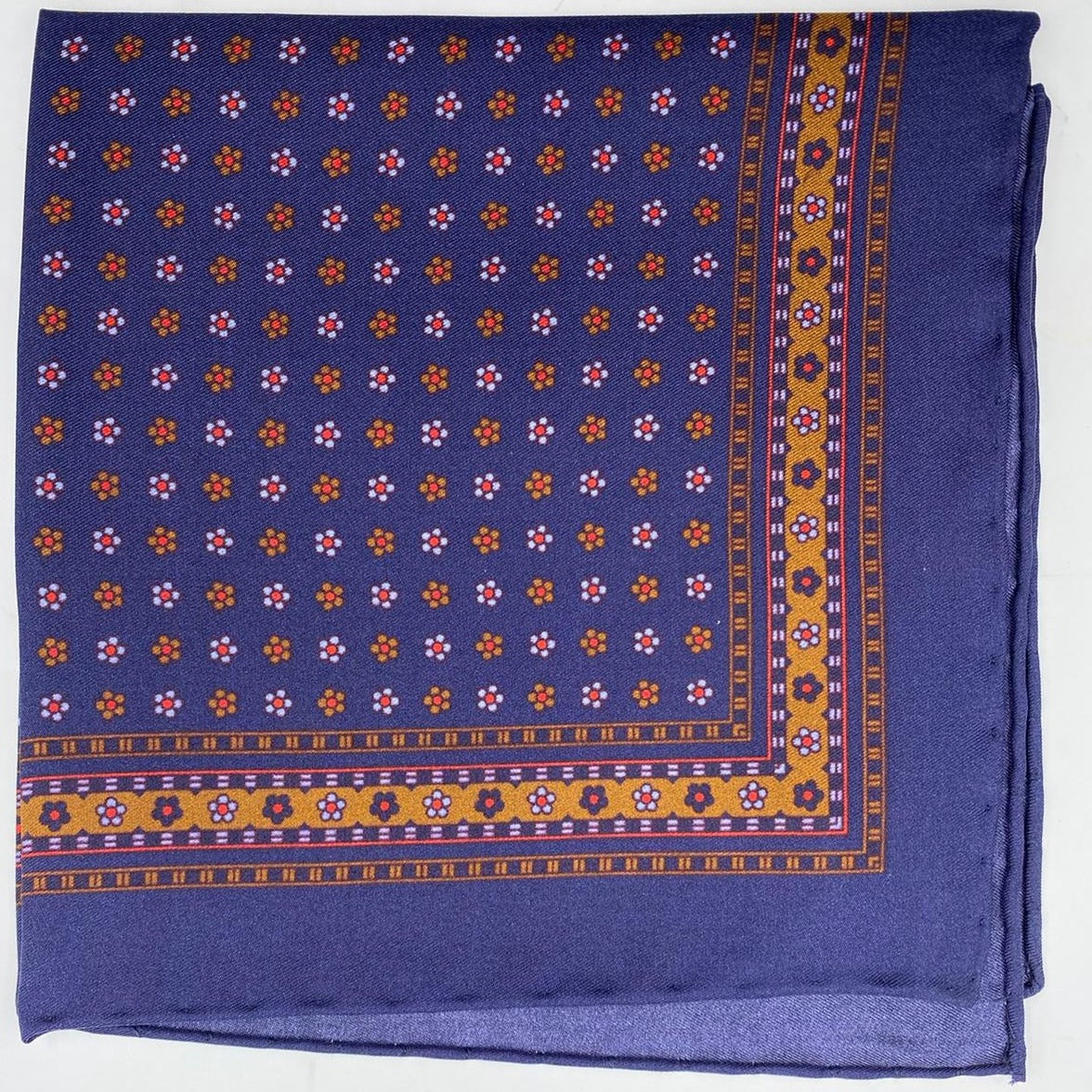 Cruciani & Bella 100% Printed Silk  Hand-rolled Blue and Brown Floral Motif Pocket Square Handmade in England 32 cm  X 32 cm #4541