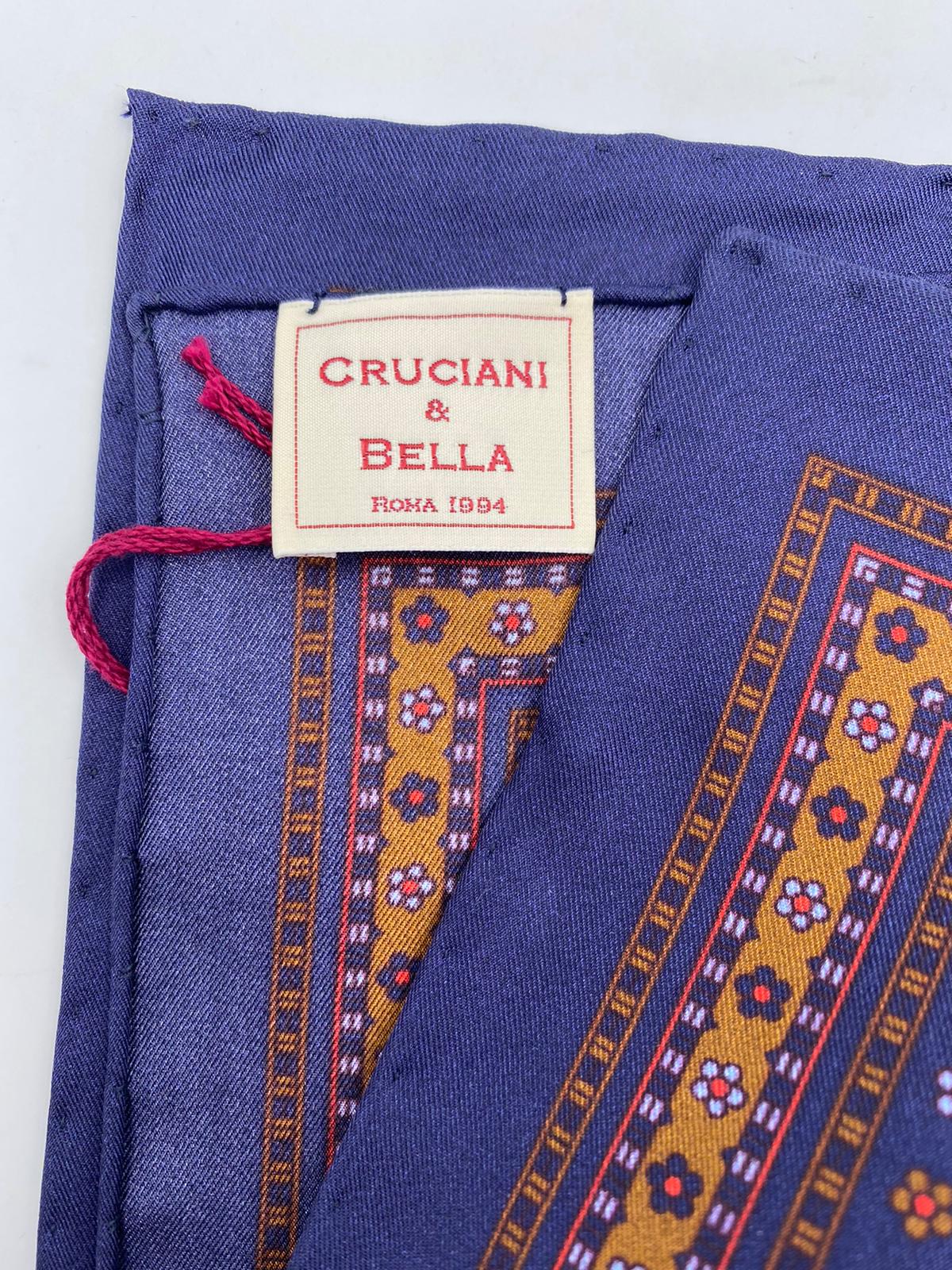Cruciani & Bella 100% Printed Silk  Hand-rolled Blue and Brown Floral Motif Pocket Square Handmade in England 32 cm  X 32 cm #4541