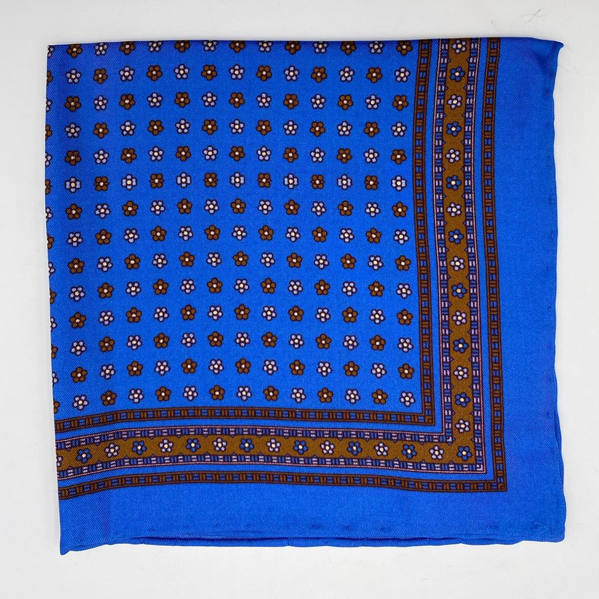 Cruciani & Bella 100% Printed Silk  Hand-rolled Light Blue and Brown Floral Motif Pocket Square Handmade in England 32 cm  X 32 cm #4539