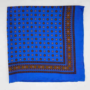 Cruciani & Bella 100% Printed Silk  Hand-rolled Light Blue and Brown Floral Motif Pocket Square Handmade in England 32 cm  X 32 cm #4539