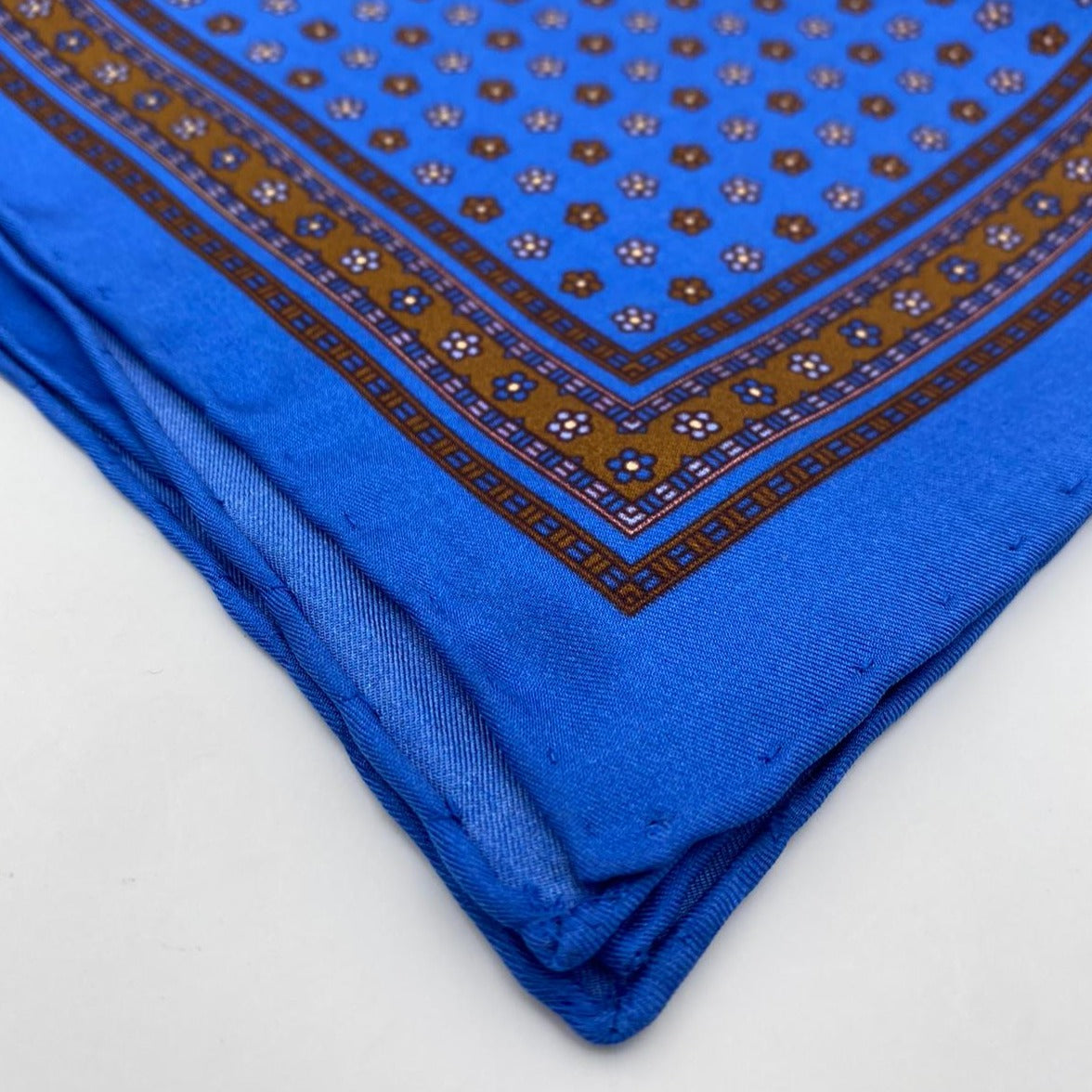 Cruciani & Bella 100% Printed Silk  Hand-rolled Light Blue and Brown Floral Motif Pocket Square Handmade in England 32 cm  X 32 cm #4539