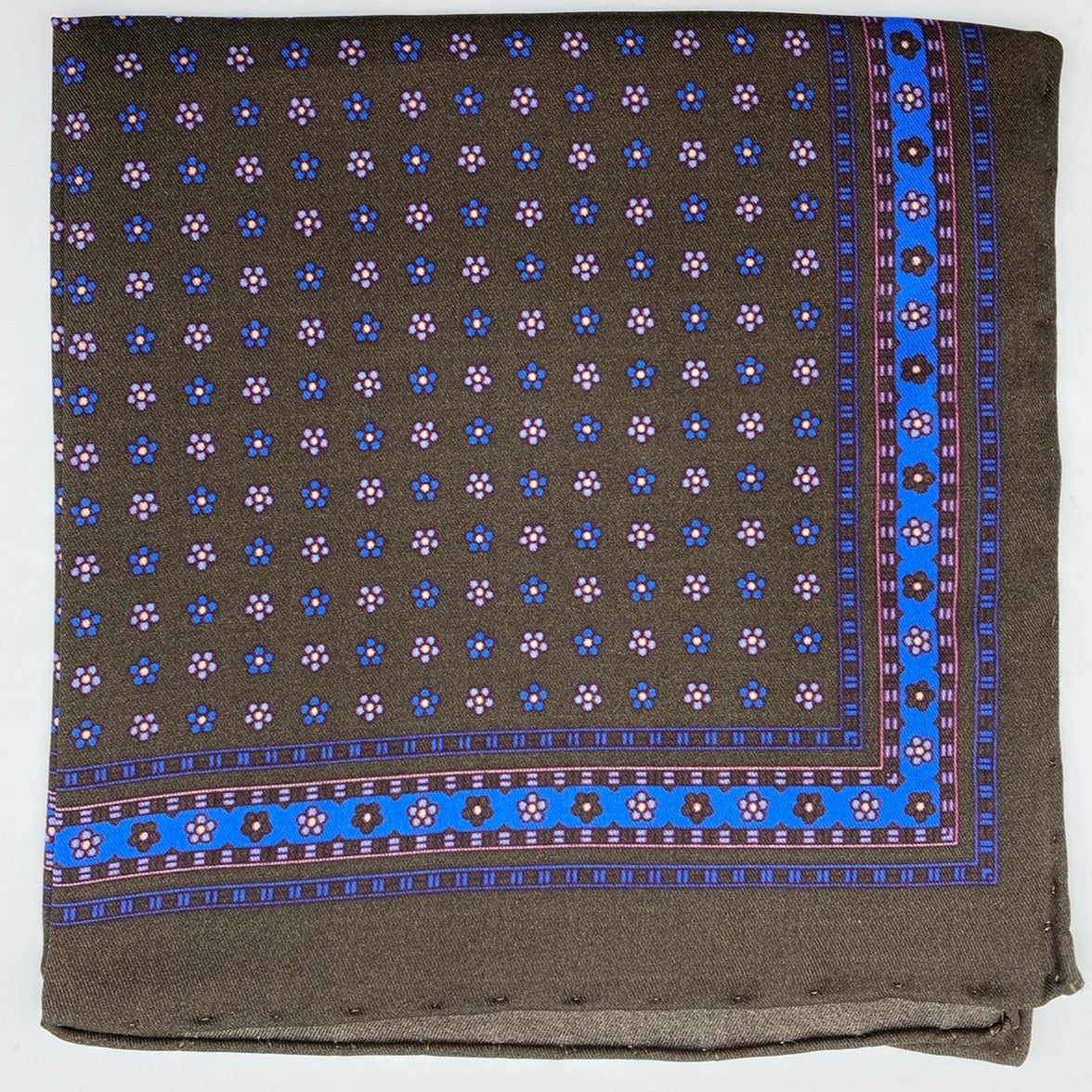 Cruciani & Bella 100% Printed Silk  Hand-rolled Olive Green and Blue Floral Motif Pocket Square Handmade in England 32 cm  X 32 cm #4545