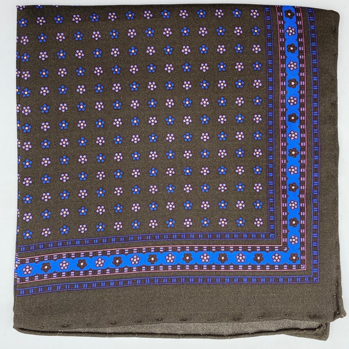 Cruciani & Bella 100% Printed Silk  Hand-rolled Olive Green and Blue Floral Motif Pocket Square Handmade in England 32 cm  X 32 cm #4545