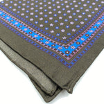 Cruciani & Bella 100% Printed Silk  Hand-rolled Olive Green and Blue Floral Motif Pocket Square Handmade in England 32 cm  X 32 cm #4545