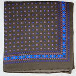 Cruciani & Bella 100% Printed Silk  Hand-rolled Olive Green and Blue Floral Motif Pocket Square Handmade in England 32 cm  X 32 cm #4545