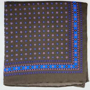Cruciani & Bella 100% Printed Silk  Hand-rolled Olive Green and Blue Floral Motif Pocket Square Handmade in England 32 cm  X 32 cm #4545