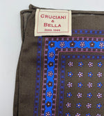 Cruciani & Bella 100% Printed Silk  Hand-rolled Olive Green and Blue Floral Motif Pocket Square Handmade in England 32 cm  X 32 cm #4545