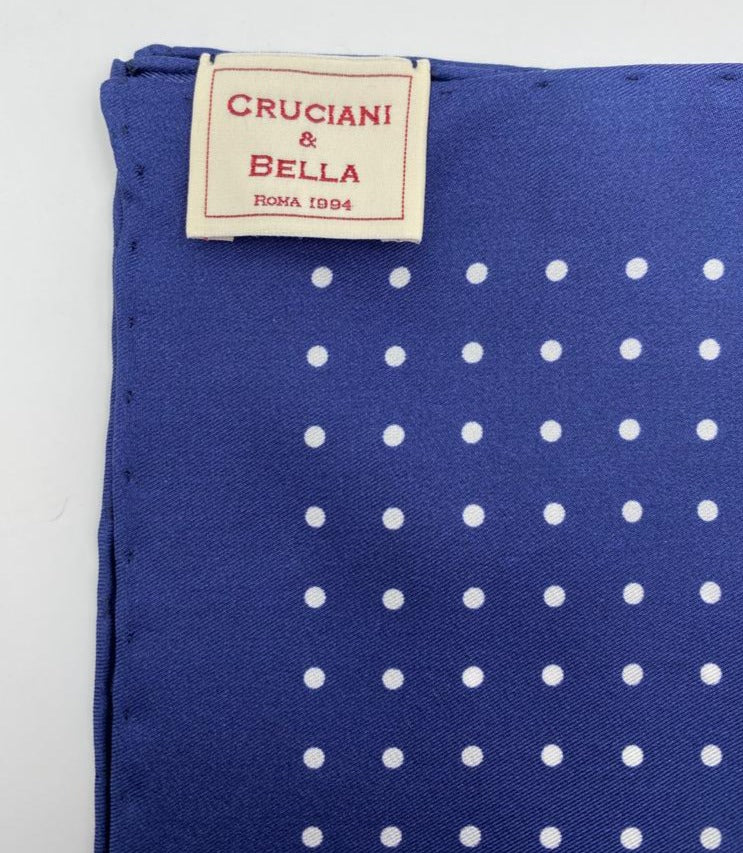 Cruciani & Bella 100% Printed Silk  Hand-rolled Navy Blue and White Spot Motif Pocket Square Handmade in England 32 cm  X 32 cm #4548