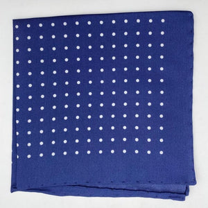 Cruciani & Bella 100% Printed Silk  Hand-rolled Navy Blue and White Spot Motif Pocket Square Handmade in England 32 cm  X 32 cm #4548