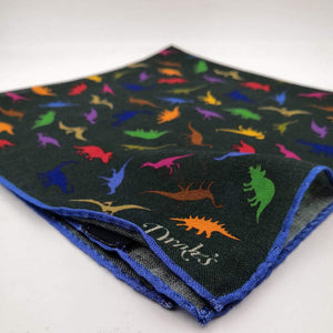 Drake's Printed 70% Wool 30%Silk Hand-rolled Green Multicolor - Dinos  Motif Pocket Square Handmade in Italy 44 cm X 44cm #2406