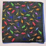 Drake's Printed 70% Wool 30%Silk Hand-rolled Blue Multicolor - Dinos  Motif Pocket Square Handmade in Italy 44 cm X 44cm #2602