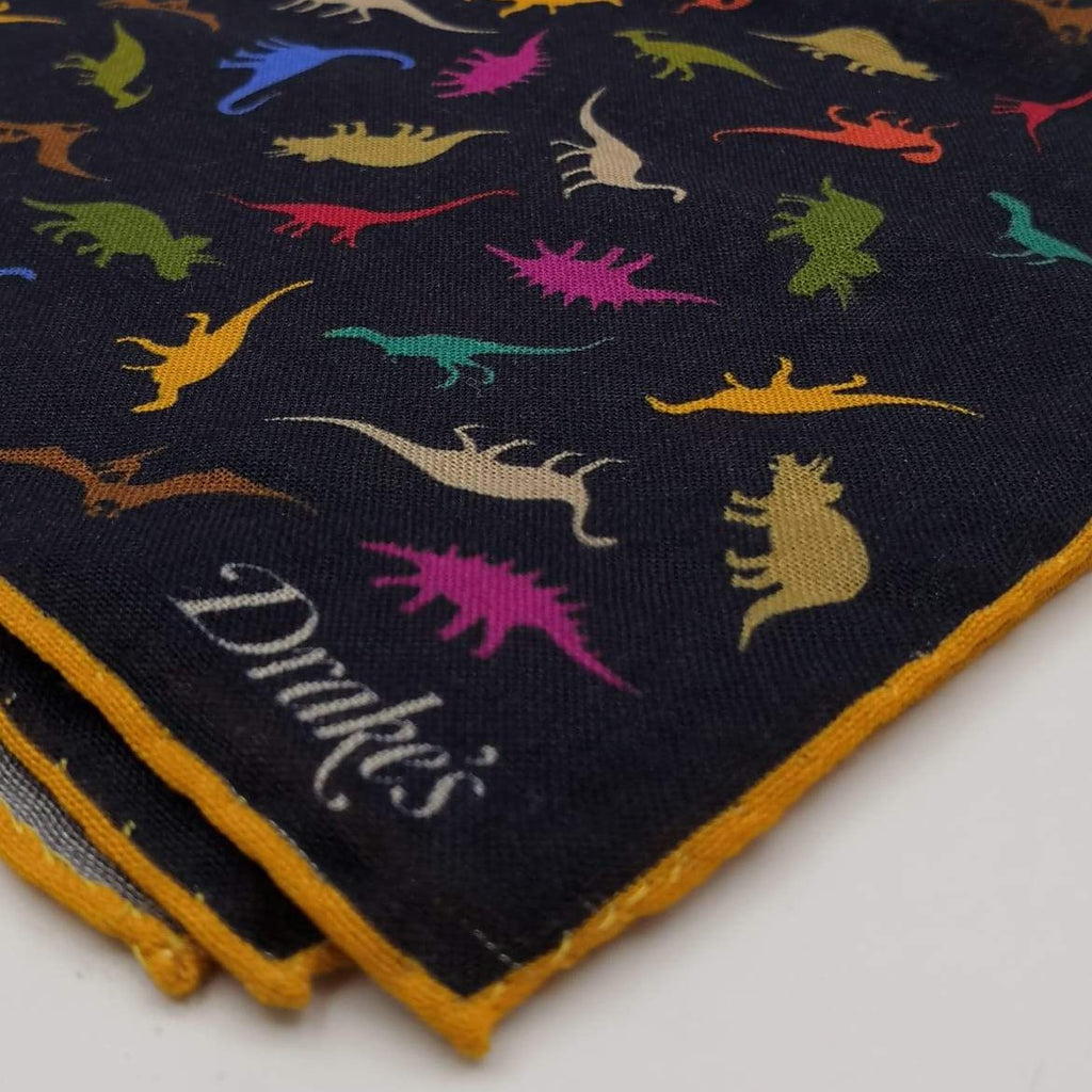 Drake's Printed 70% Wool 30%Silk Hand-rolled Blue Multicolor - Dinos  Motif Pocket Square Handmade in Italy 44 cm X 44cm #2602