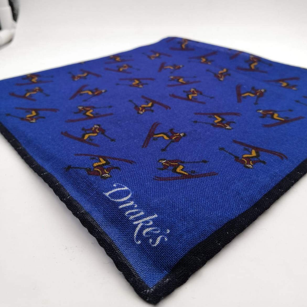 Drake's Printed 70% Wool 30%Silk Hand-rolled Blue - Ski Motif Pocket Square Handmade in Italy 43 cm X 43cm #2598