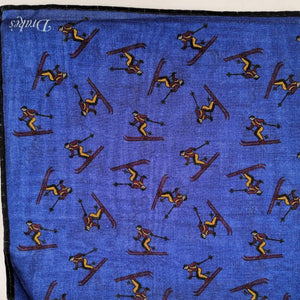 Drake's Printed 70% Wool 30%Silk Hand-rolled Blue - Ski Motif Pocket Square Handmade in Italy 43 cm X 43cm #2598