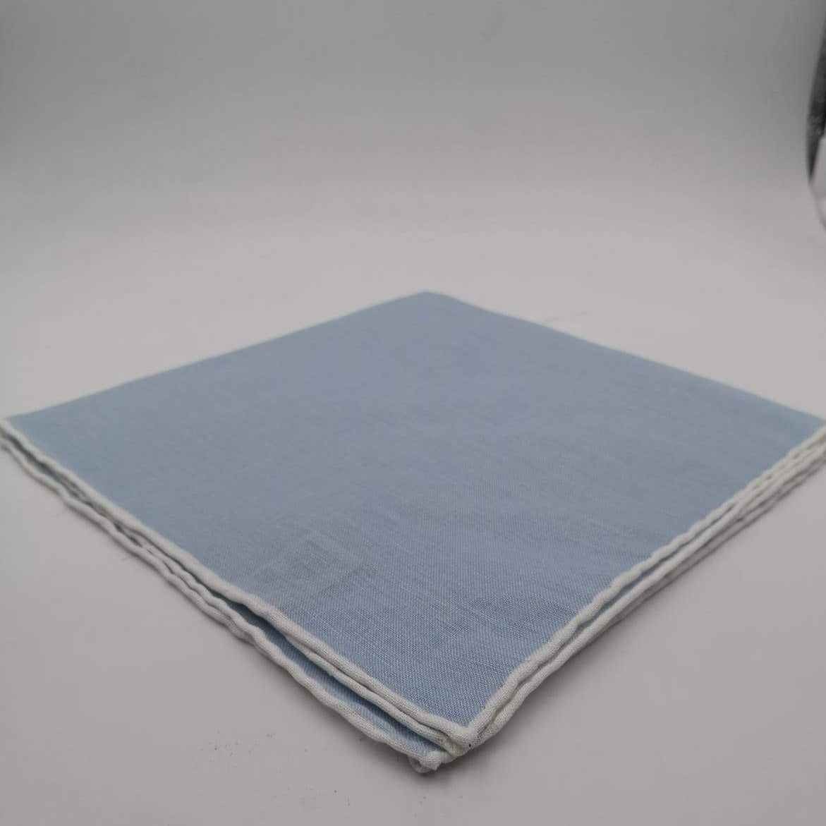 Drake's 60%Linen and 40 Cotton Hand-rolled  -  Pocket Square Light Blue and White Handmade in Italy 39 cm X 39cm #4563