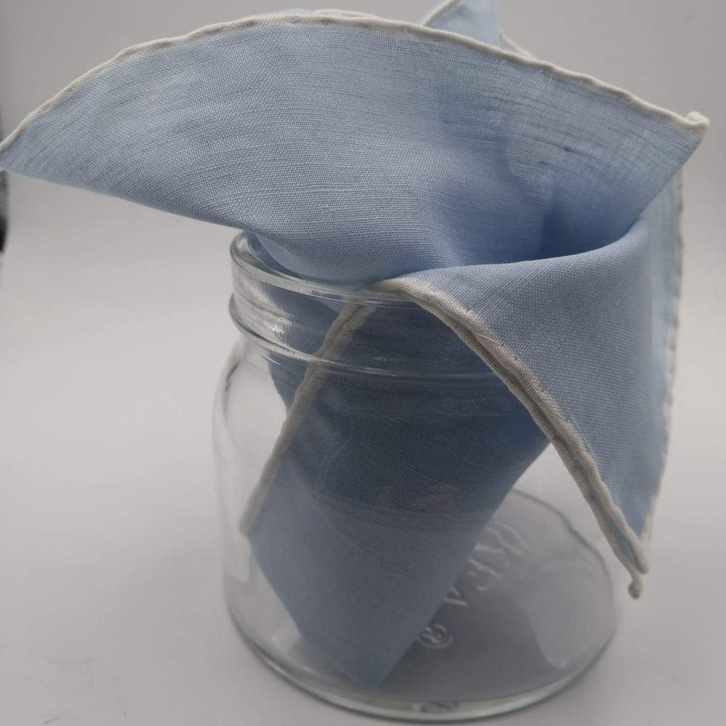 Drake's 60%Linen and 40 Cotton Hand-rolled  -  Pocket Square Light Blue and White Handmade in Italy 39 cm X 39cm #4563