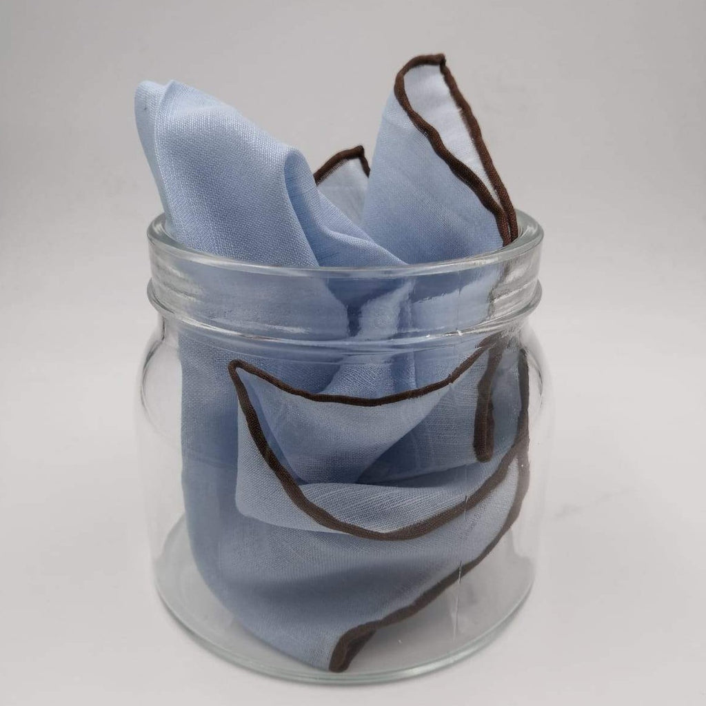 Cruciani & Bella 60%Linen  40% Cotton Hand-rolled  -  Pocket Square Light Blue and Brown Handmade in Italy 39 cm X 39cm #4557 