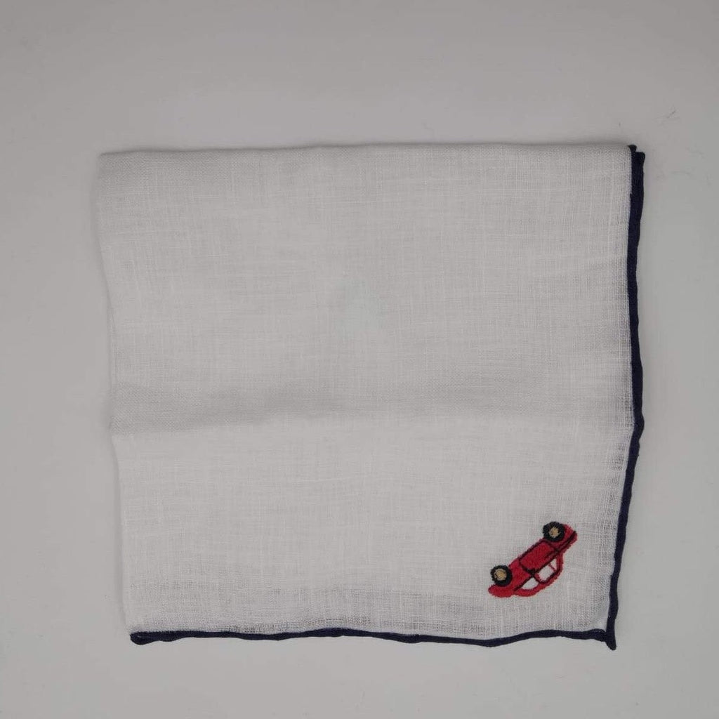 Cruciani & Bella 100% Linen Hand-rolled  -  Pocket Square White and Blue Embroidered Car Handmade in Italy 31 cm X 31cm #3335