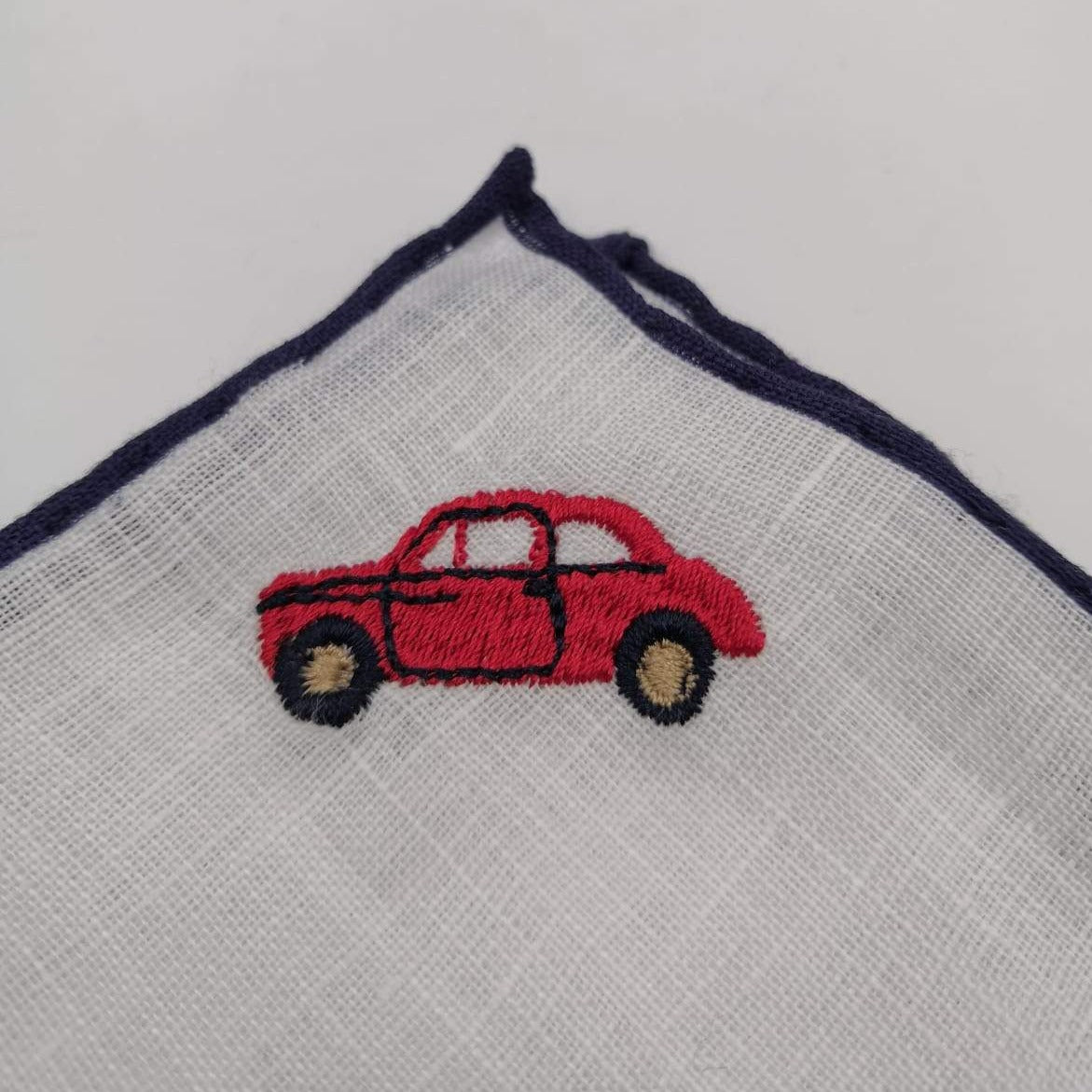 Cruciani & Bella 100% Linen Hand-rolled  -  Pocket Square White and Blue Embroidered Car Handmade in Italy 31 cm X 31cm #3335