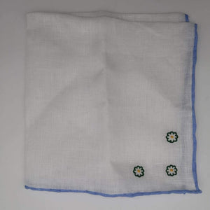 Cruciani & Bella 100% Linen Hand-rolled  -  Pocket Square White and Light Blue  Flower Motif Green Handmade in Italy 31 cm X 31cm #3340