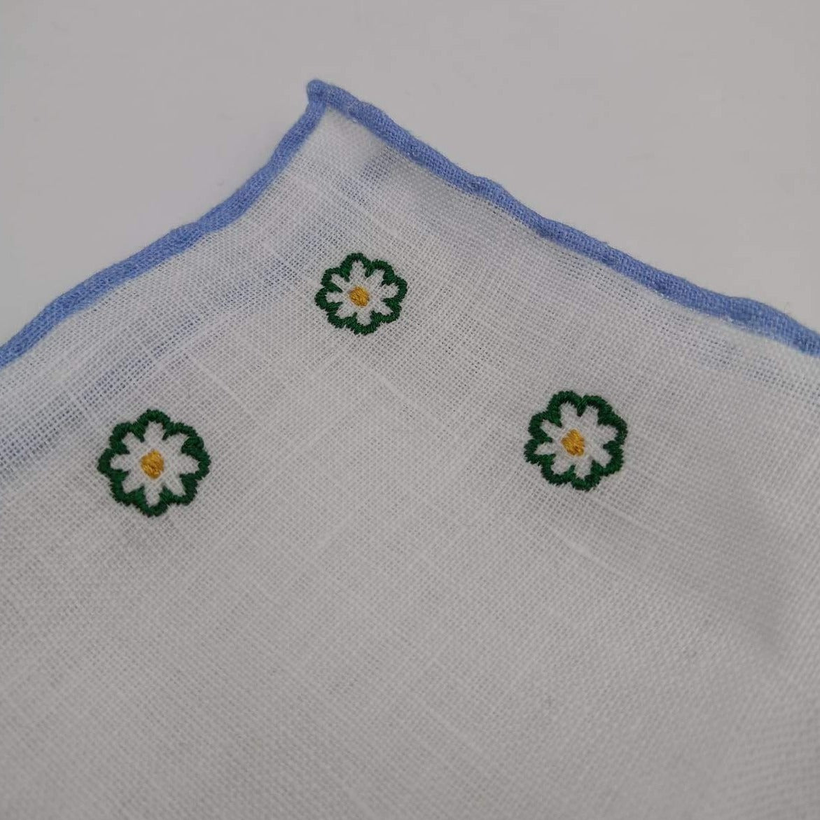 Cruciani & Bella 100% Linen Hand-rolled  -  Pocket Square White and Light Blue  Flower Motif Green Handmade in Italy 31 cm X 31cm #3340