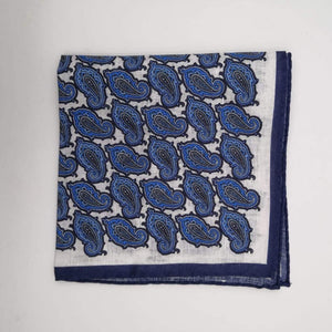 Cruciani & Bella 100% Linen Hand-rolled   White and  Blue  Paisley Motif Pocket Square Handmade in Italy 33 cm X 33cm #4552