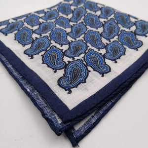 Cruciani & Bella 100% Linen Hand-rolled   White and  Blue  Paisley Motif Pocket Square Handmade in Italy 33 cm X 33cm #4552