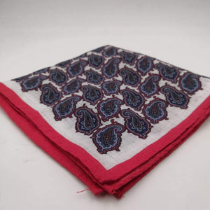 Cruciani & Bella 100% Linen Hand-rolled   White and  Red Paisley Motif Pocket Square Handmade in Italy 32 cm X 32cm #4553