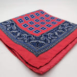 Cruciani & Bella 100% Silk Hand-rolled   Red and Blue Patterned  Motif  Pocket Square Handmade in Italy 32 cm X 32cm #4555