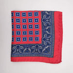 Cruciani & Bella 100% Silk Hand-rolled   Red and Blue Patterned  Motif  Pocket Square Handmade in Italy 32 cm X 32cm #4555