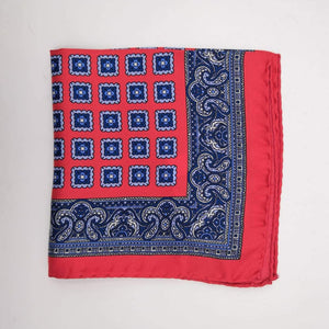 Cruciani & Bella 100% Silk Hand-rolled   Red and Blue Patterned  Motif  Pocket Square Handmade in Italy 32 cm X 32cm #4555