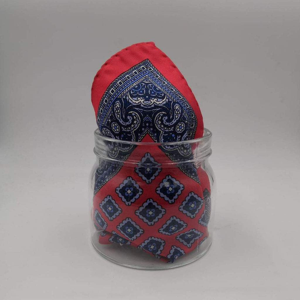 Cruciani & Bella 100% Silk Hand-rolled   Red and Blue Patterned  Motif  Pocket Square Handmade in Italy 32 cm X 32cm #4555
